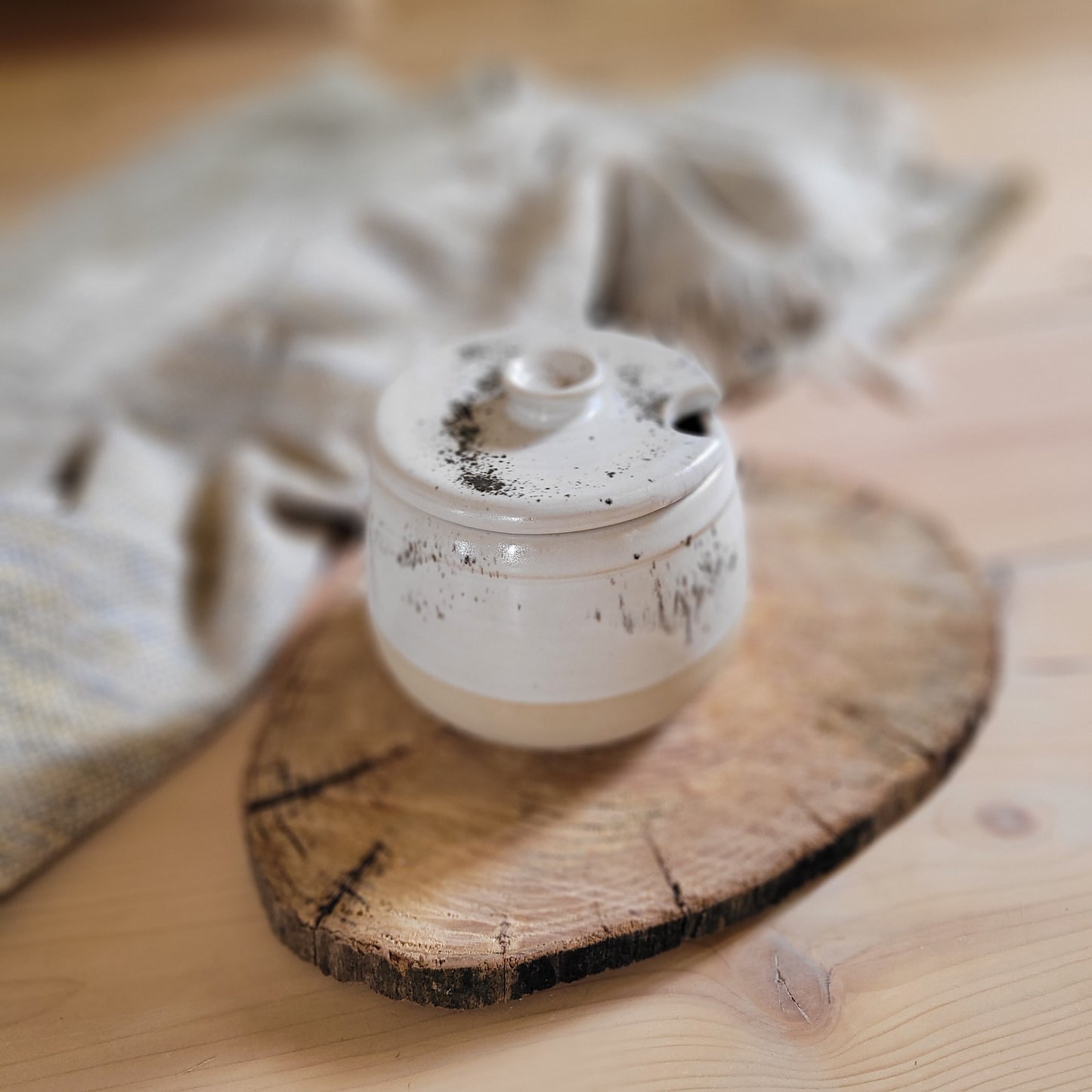 Handmade sugar jar, White stonaware with white speckled glaze.