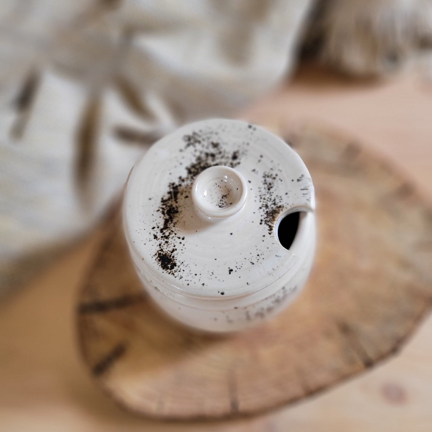 Handmade sugar jar, White stonaware with white speckled glaze.