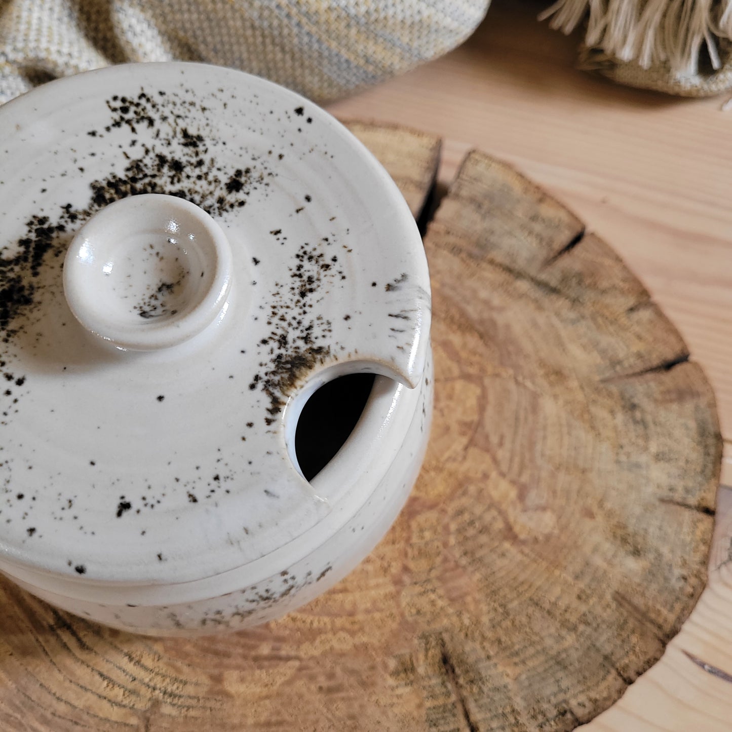 Handmade sugar jar, White stonaware with white speckled glaze.