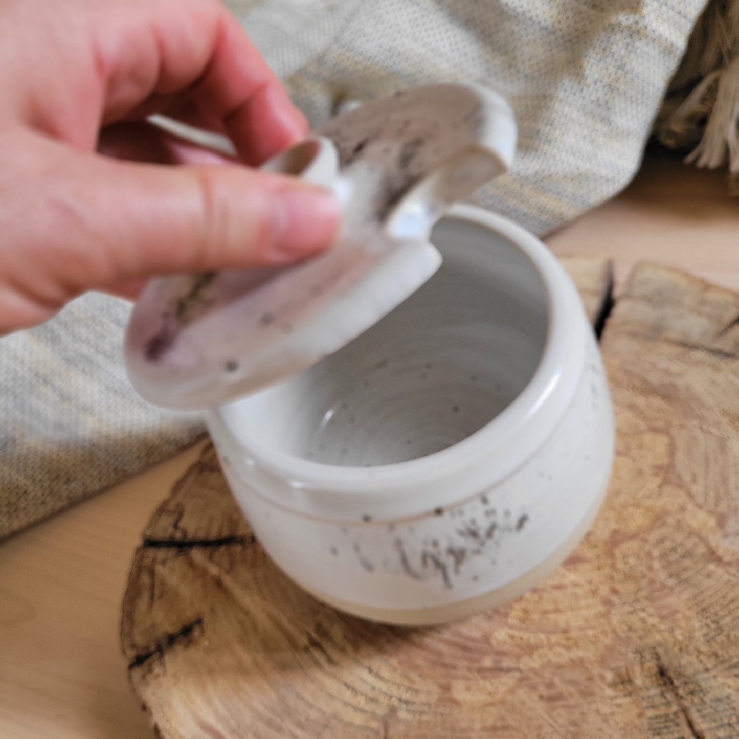 Handmade sugar jar, White stonaware with white speckled glaze.