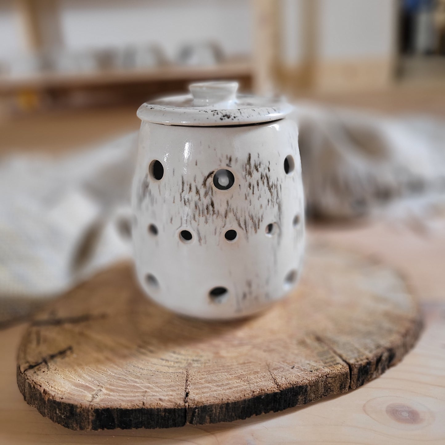 Handmade Garlic pot, White stonaware with white speckled glaze.