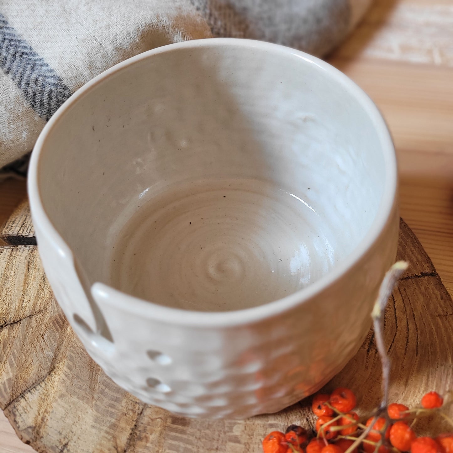 Ceramic Yarn Bowl for Crocheters- white with textured surfice
