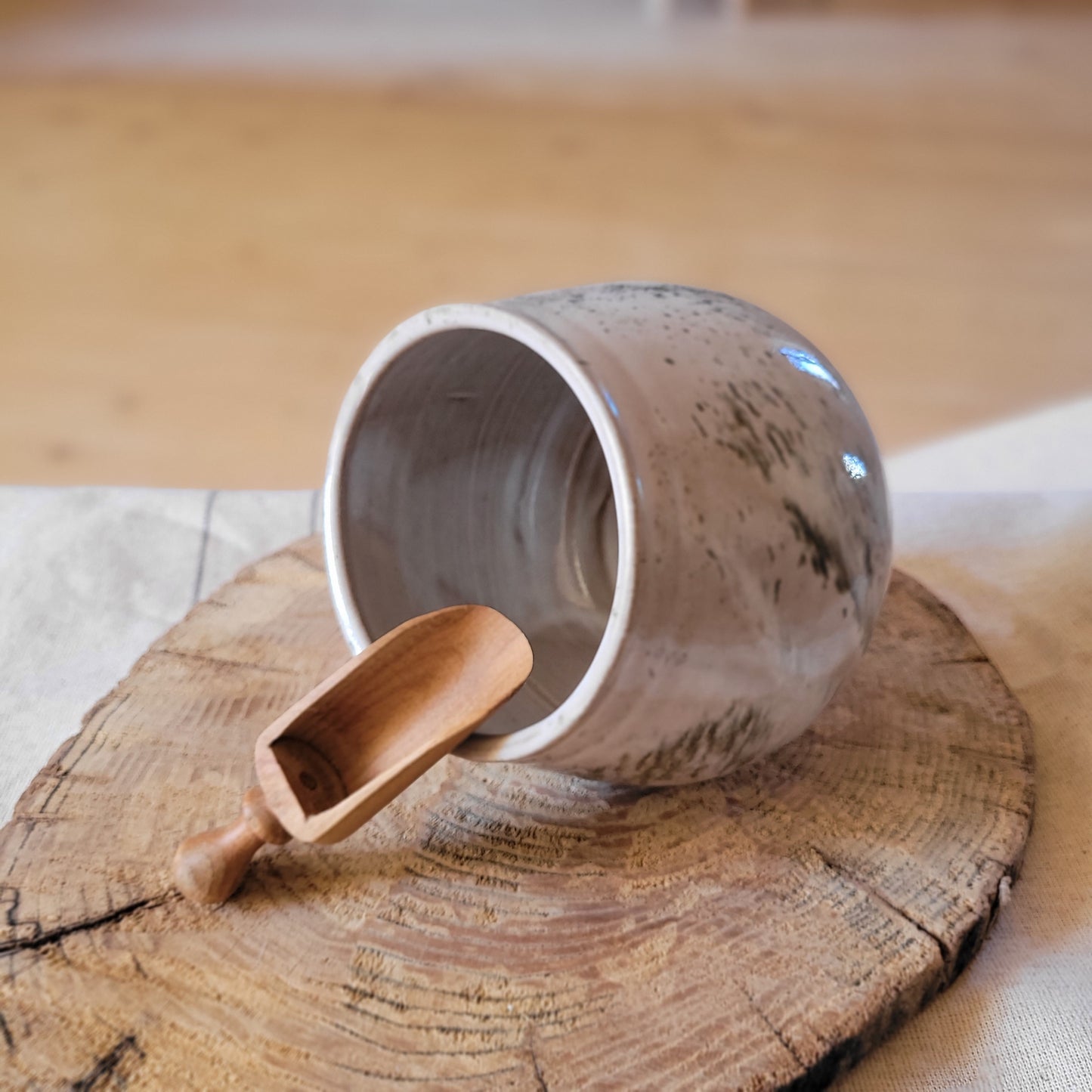 Gray speckled ceramic salt pig with wooden spoon | Handmade | Jogita Art Studio