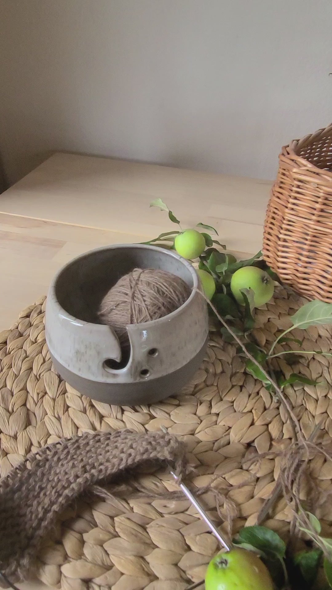 "Artisan-crafted Yarn Bowl - Anthracite Gray Stoneware with Beige White and Black Speckles"