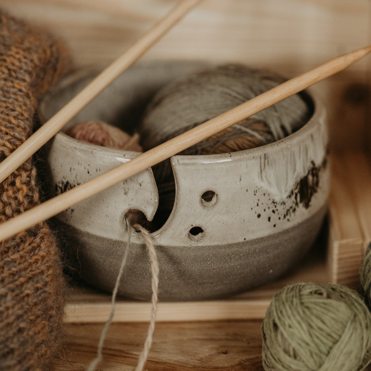 "Functional Ceramic Yarn Holder - Handmade with Gray Stoneware and Unique Glazing"