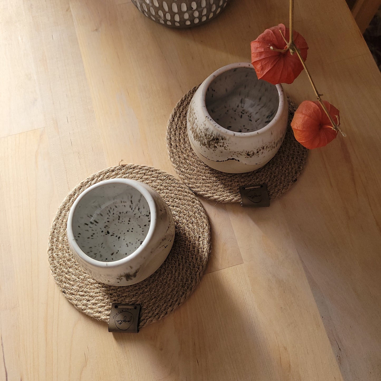 Double Espresso Coffee Cup Set with Rustic Jute Coaster. (Set of two mugs and two coasters)