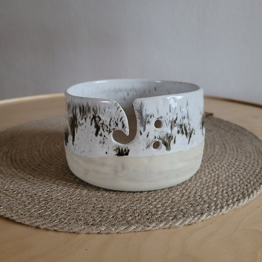 Handmade Ceramic Yarn Bowl, Stoneware Anthracite Gray, Glazed with Beige  White and Black Speckles