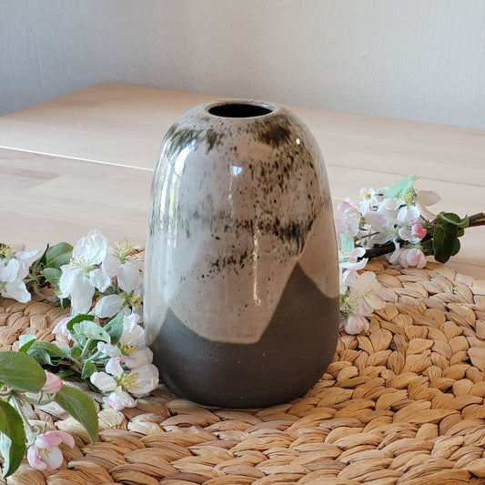 Handcrafted speckled gray stoneware vase. Handmade pottery vase with a one-of-a-kind glazed finish.