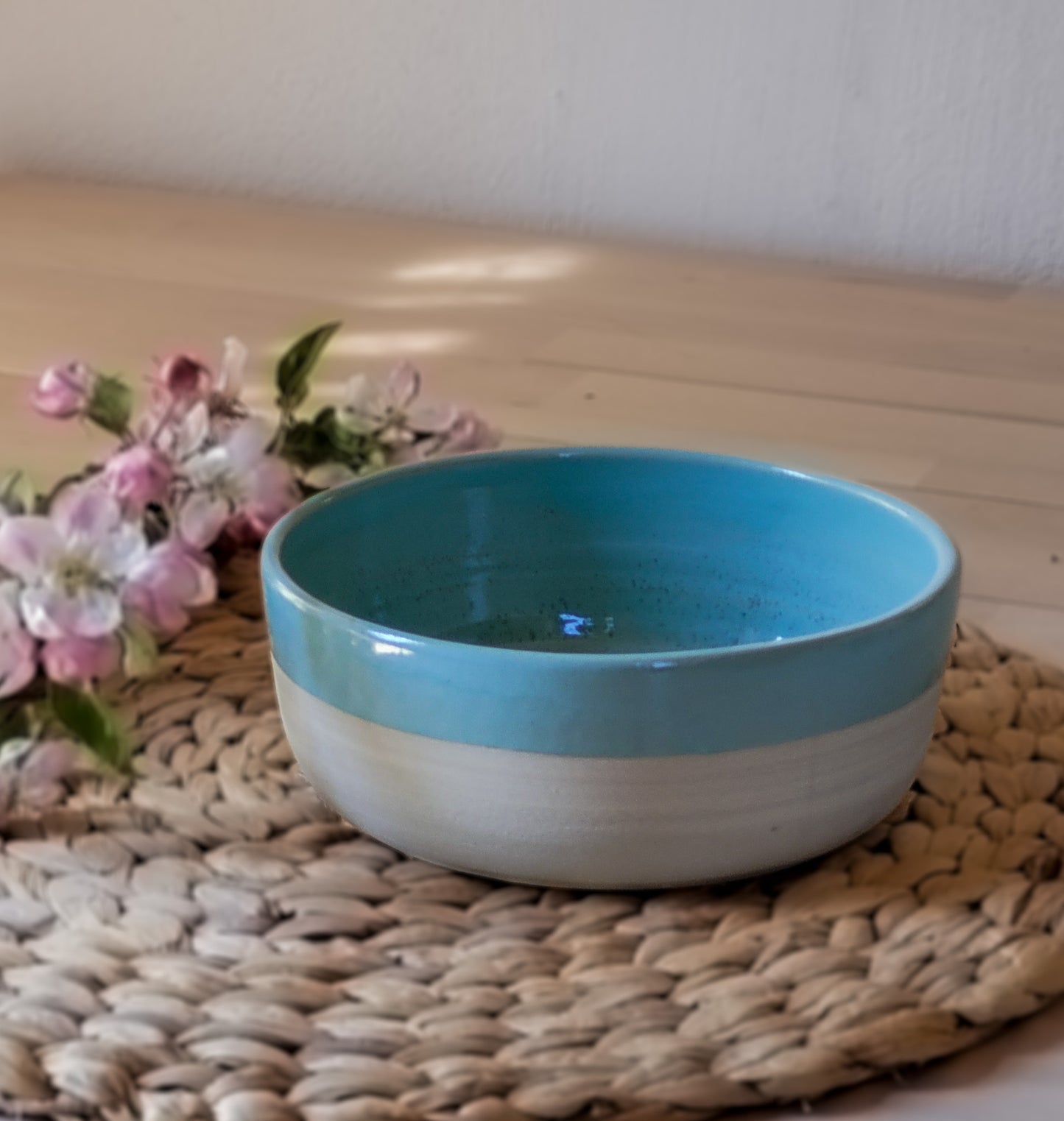 Ceramic serving bowl, white with green teel glaze