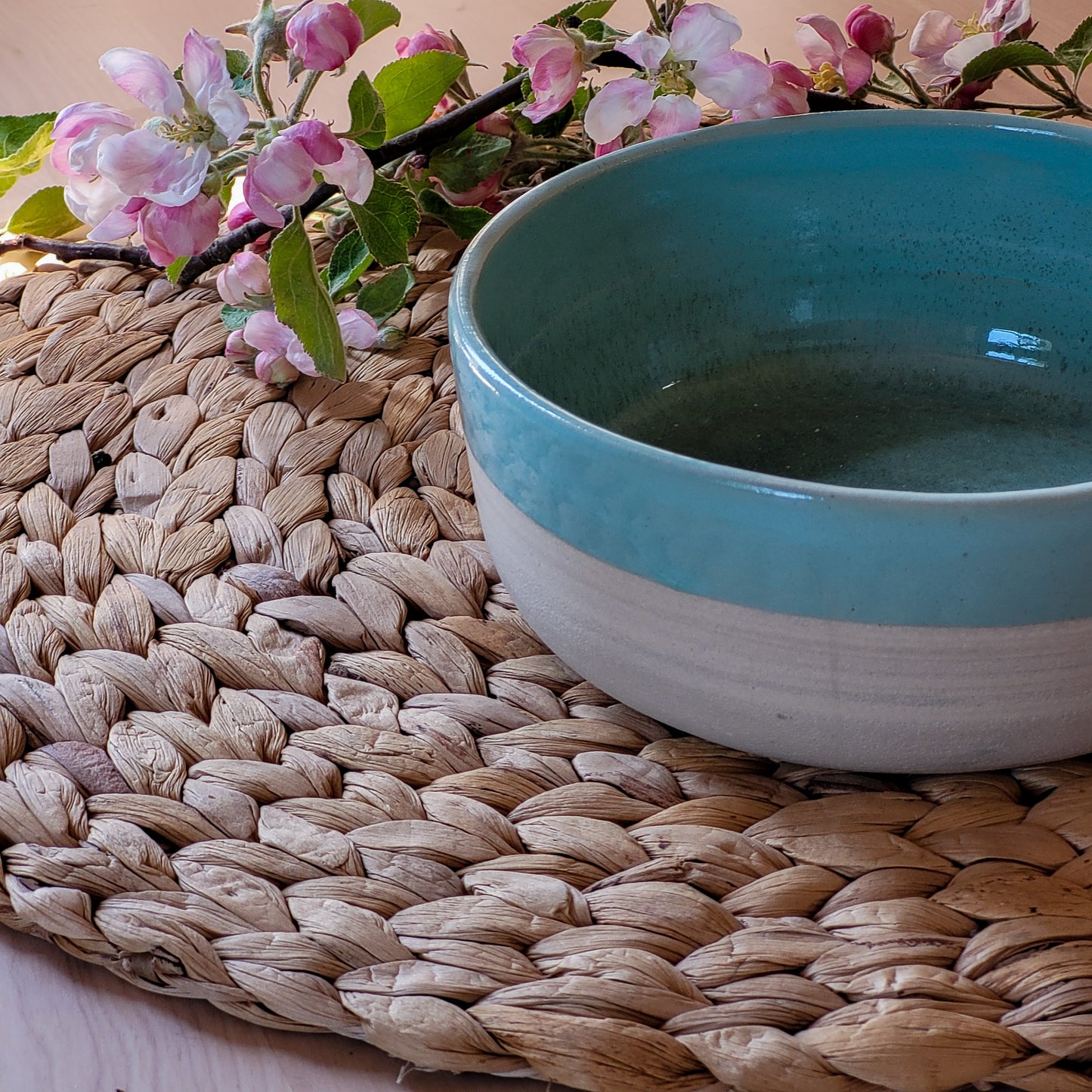 Ceramic serving bowl, white with green teel glaze