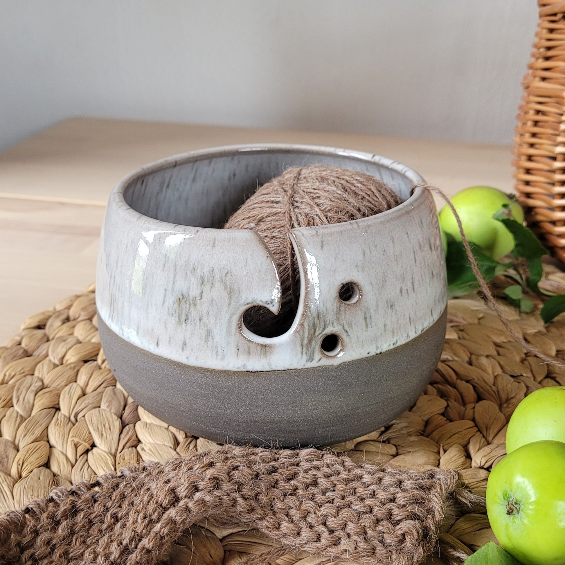 "Handmade Ceramic Yarn Bowl - Stoneware Anthracite Gray with Beige White Glaze"