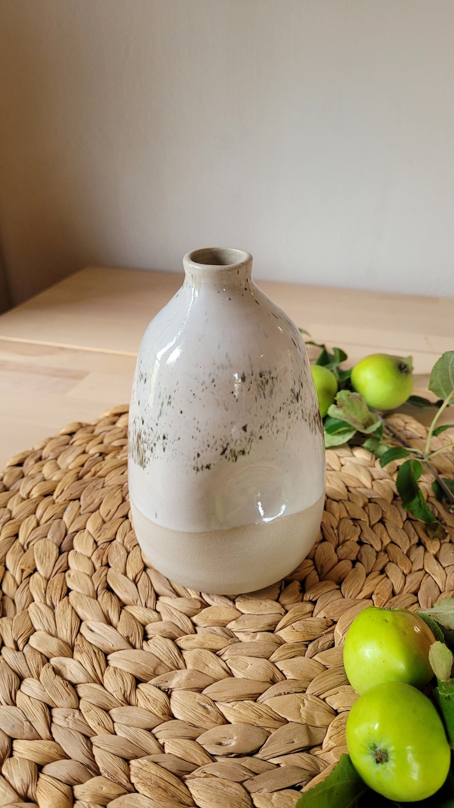 Cream White Pottery Vase - Handcrafted with Unique Milk White and Black Speckled Glazing