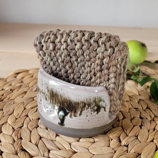 Handcrafted Ceramic Yarn Bowl - Gray Stoneware with Beige White Glaze and Black Speckles - Kitchen Decor