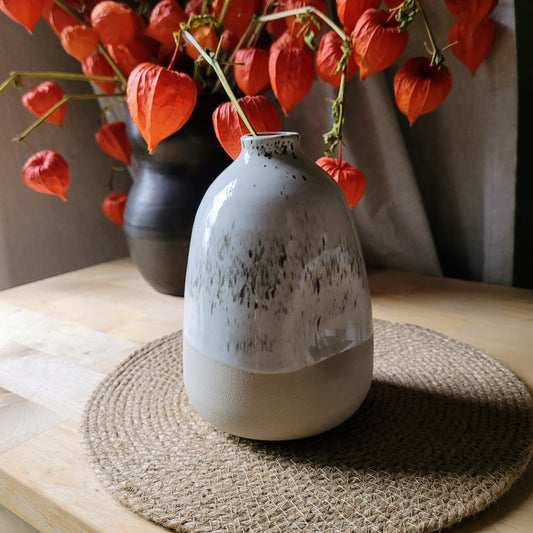 Embrace the organic beauty of this handmade cream white vase, adorned with a mesmerizing milk white and black speckled glaze. Crafted with love and artistry by Jogita Art Studio, this ceramic masterpiece boasts a natural and earthy aesthetic, perfect for lovers of the artisanal and sustainable. Complete with eco-friendly packaging, this vase is a stunning addition to any home decor collection.