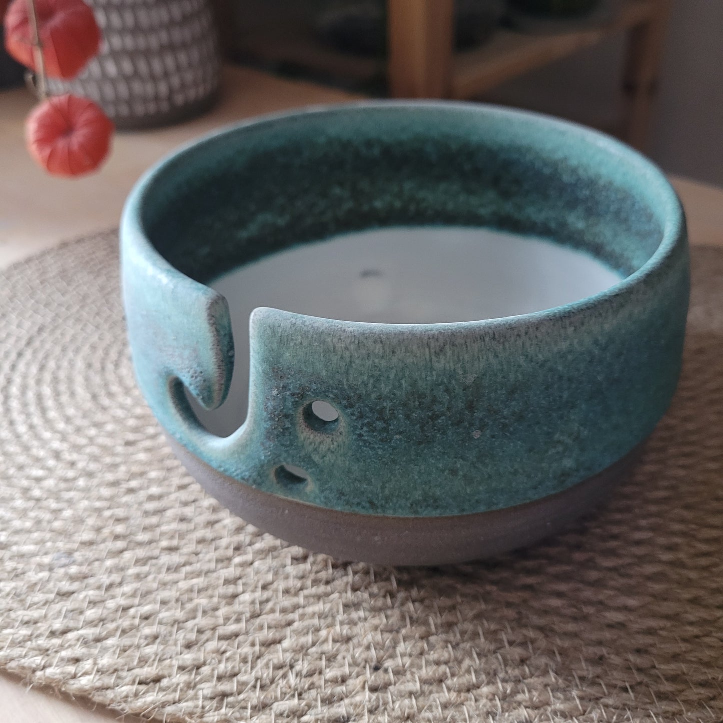 Yarn bowl with small imperfection, Gray with white and blue glaze