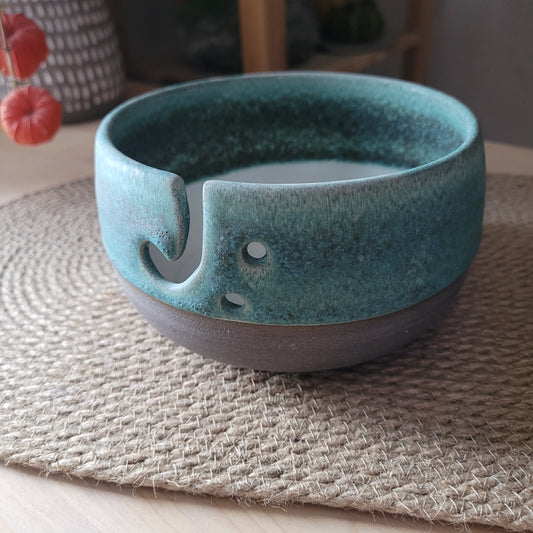 Yarn bowl with small imperfection, Gray with white and blue glaze