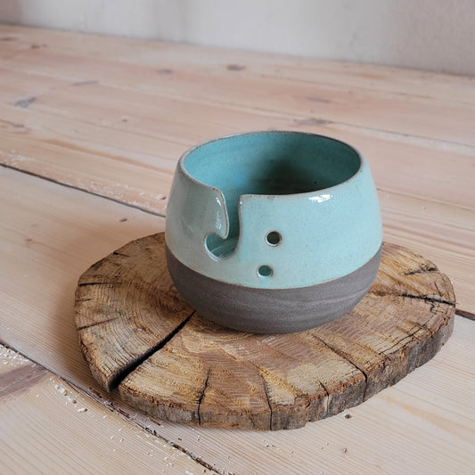 Yarn bowl with small imperfection - Gray yarn bowl with teal green glaze