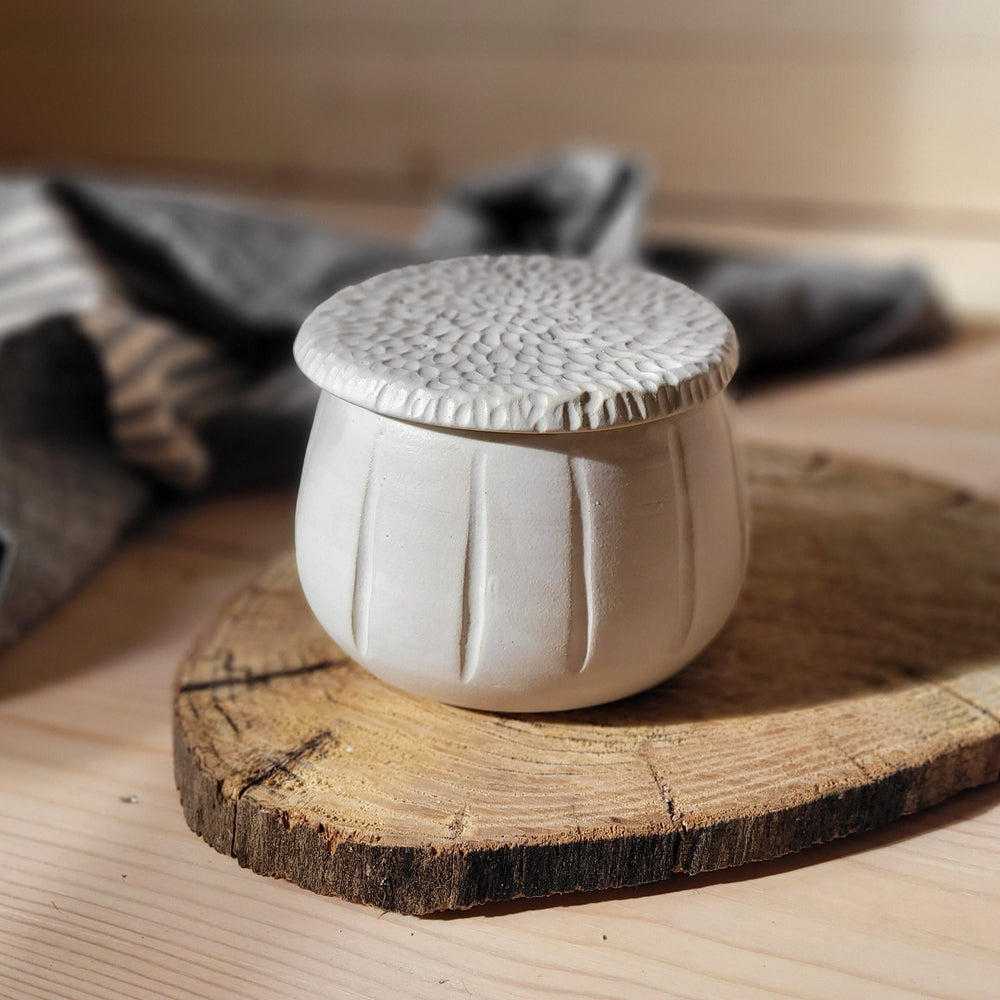 Butter Dish | Matte White Stoneware | Textured Lid
