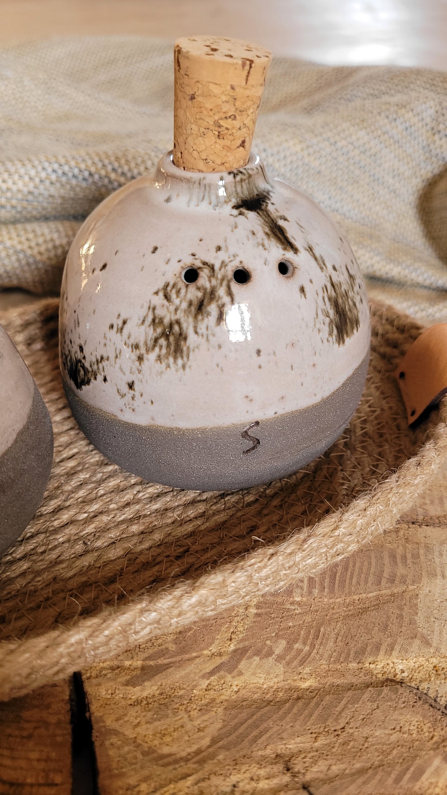 Ceramic Salt and Pepper jars- Set of two jars and jute basket. Gray with beige speckled glaze.
