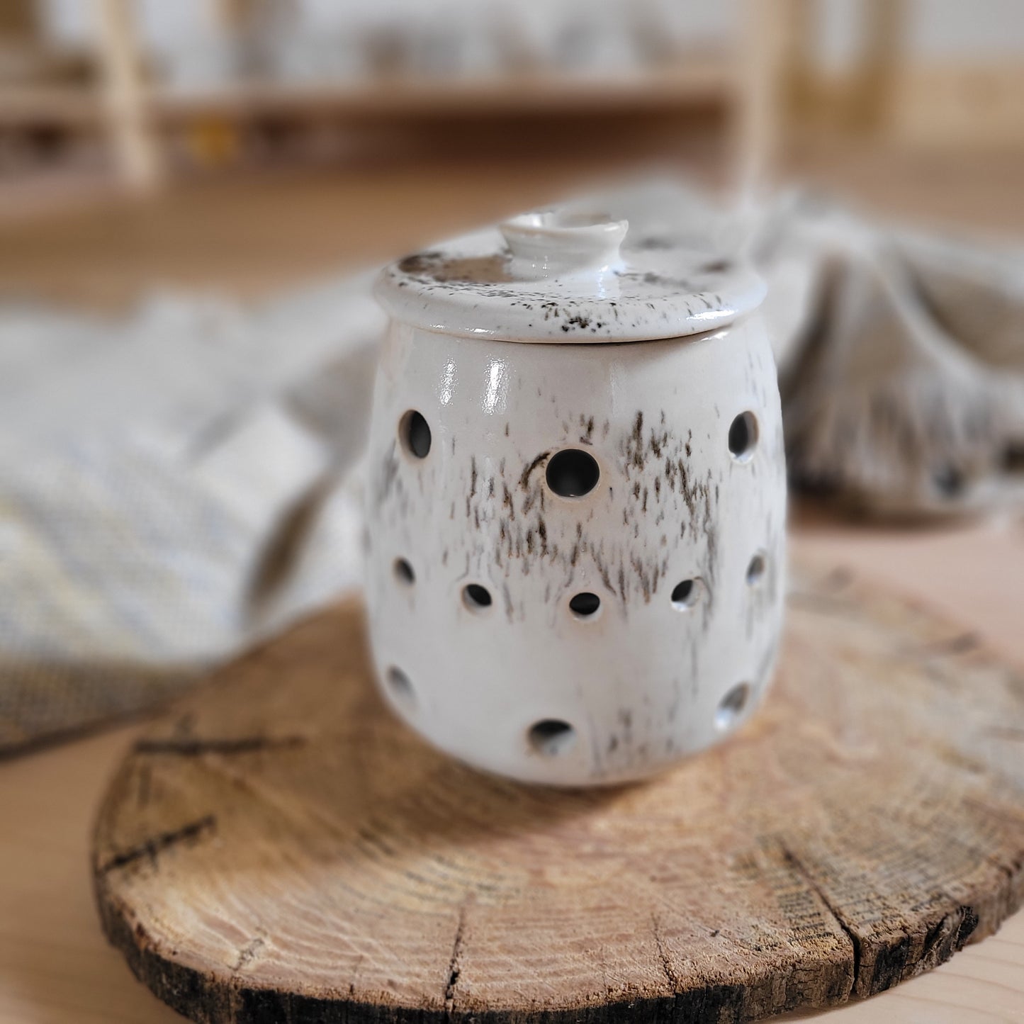 Handmade Garlic pot, White stonaware with white speckled glaze.