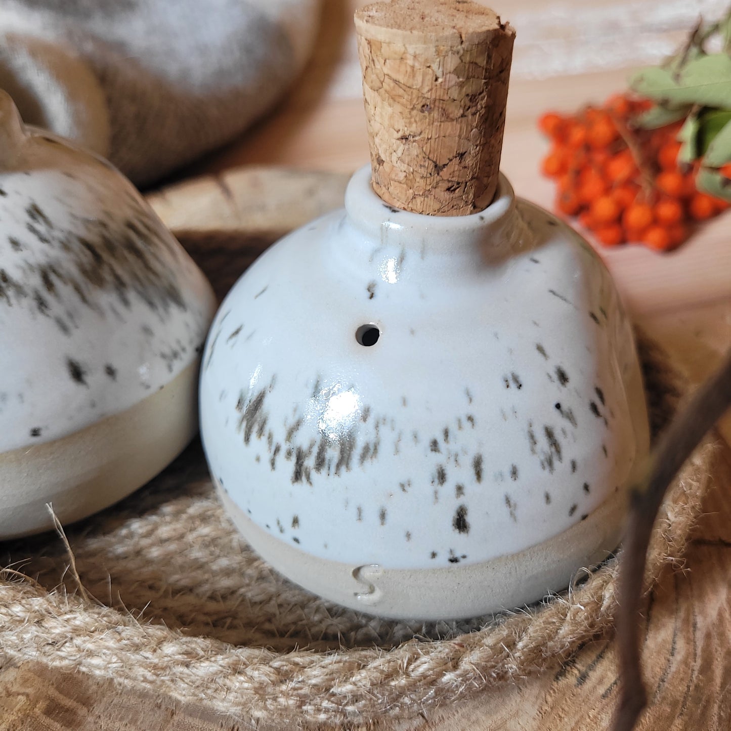 Ceramic Salt and Pepper jars- Set of two jars and jute basket. White with white speckled glaze