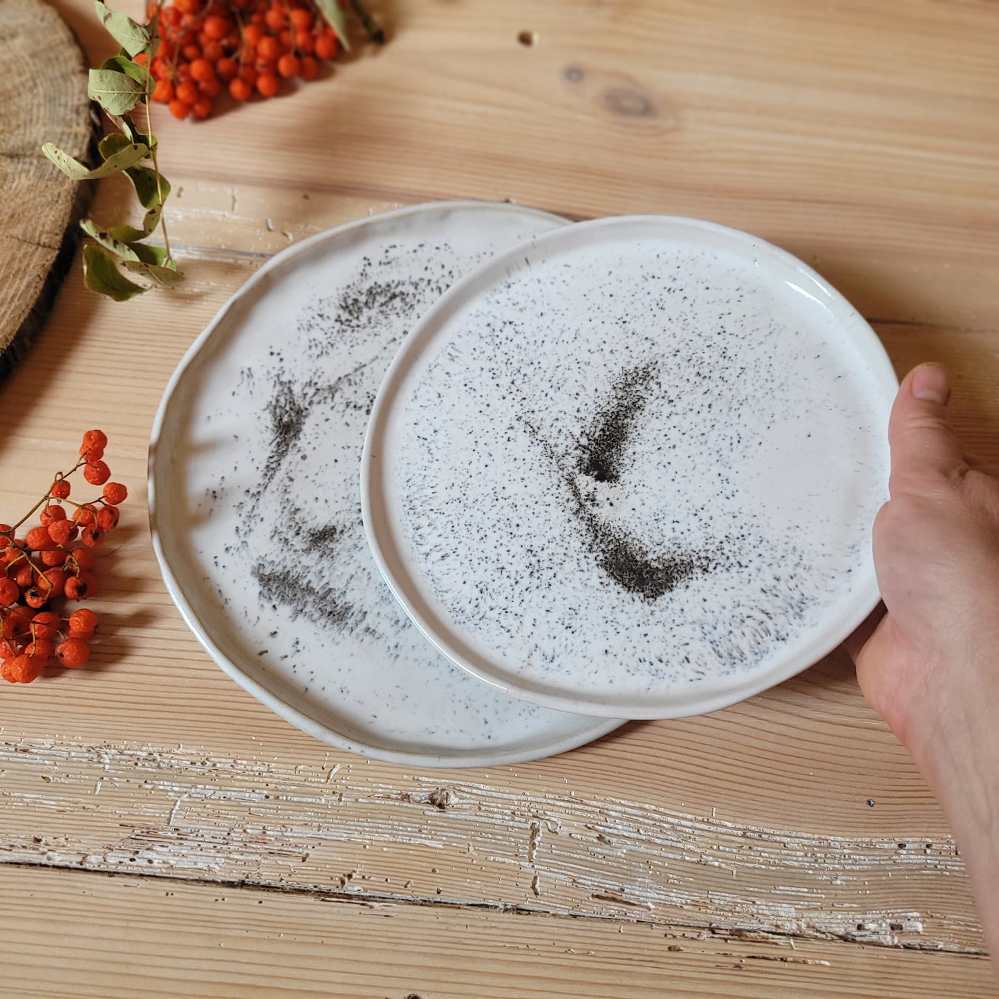 Speckled white dinner plate