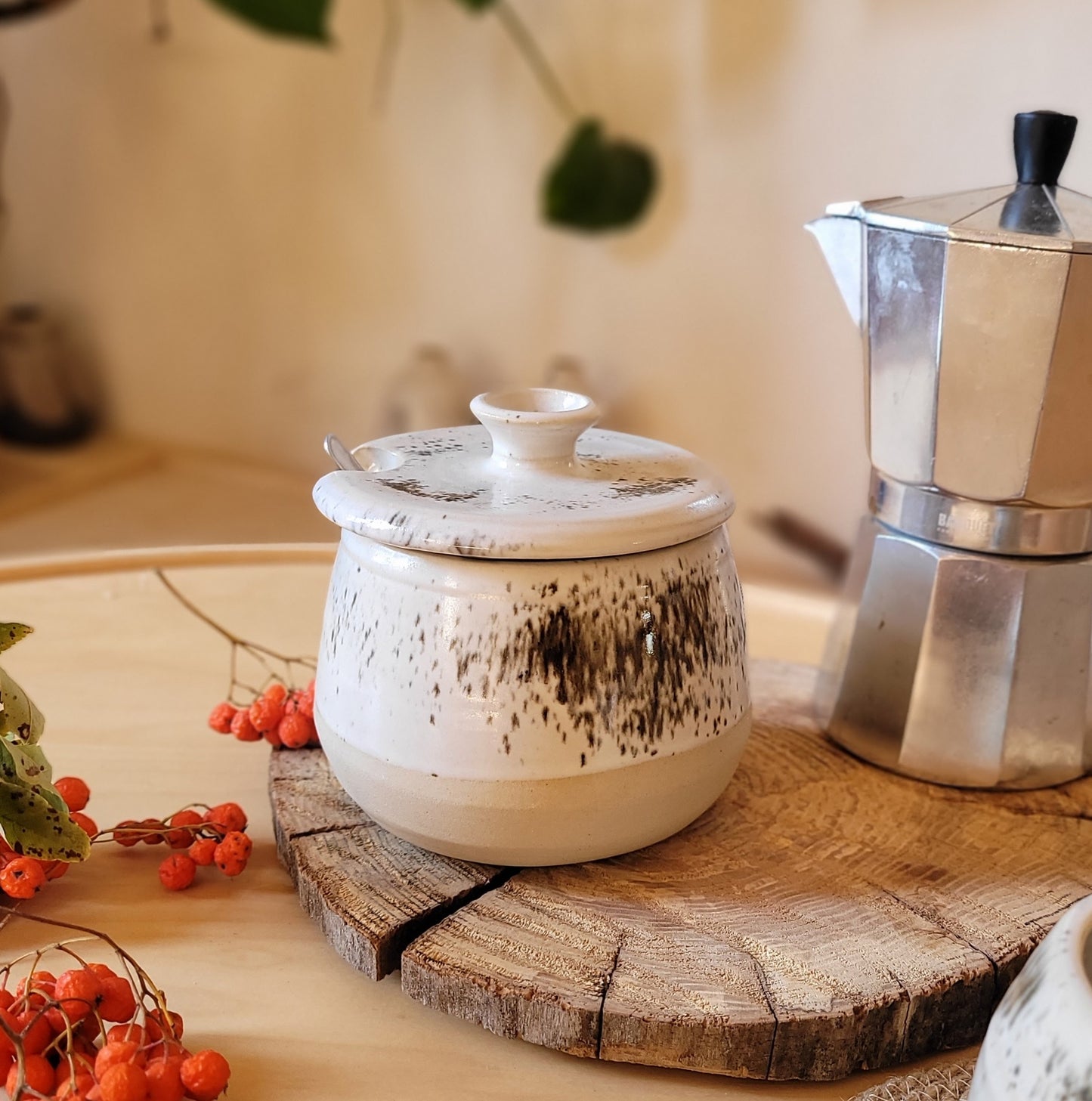 Handmade sugar jar, White stonaware with white speckled glaze.