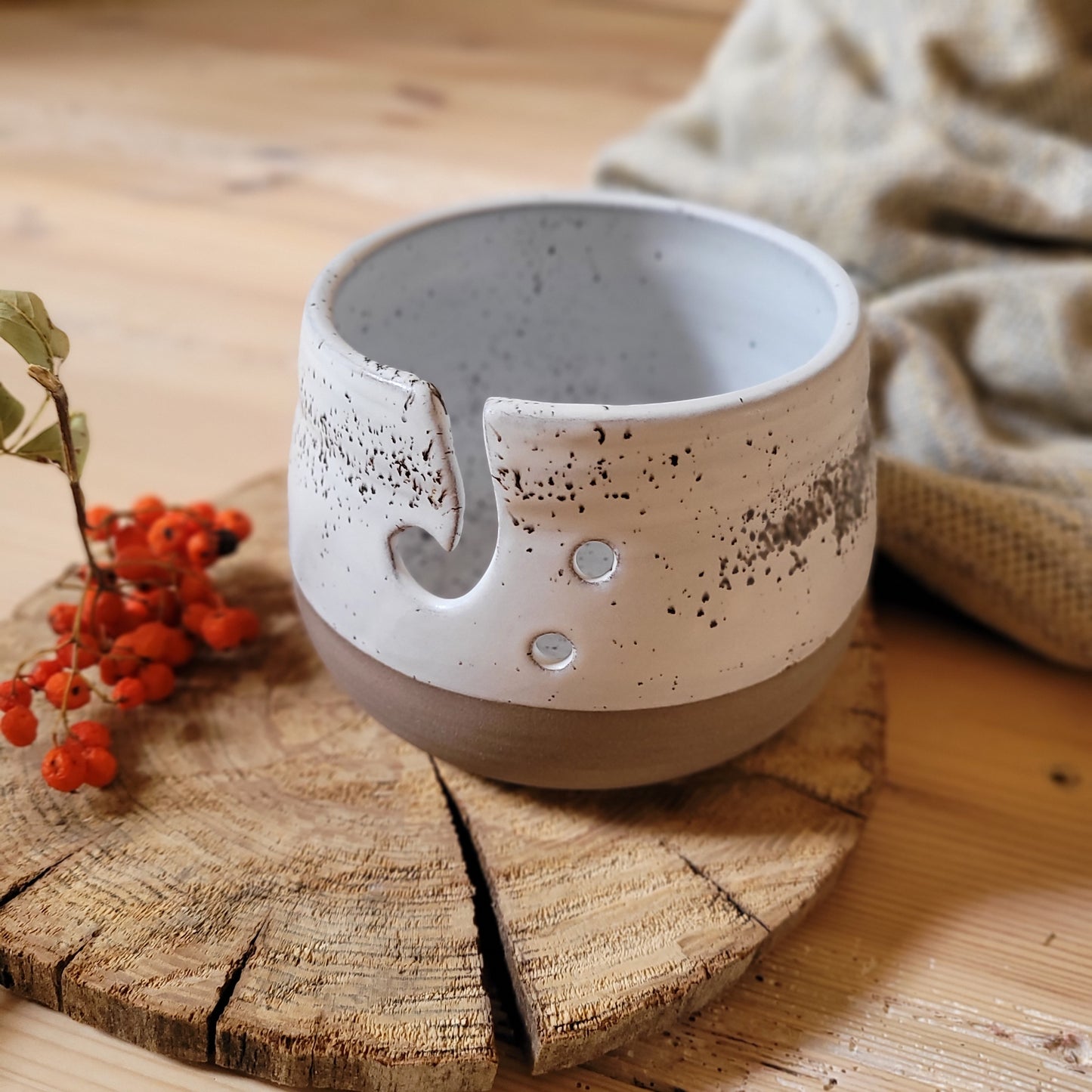 Handmade Ceramic Yarn Bowl | Stoneware Anthracite Gray | Glazed with White and Black Speckles