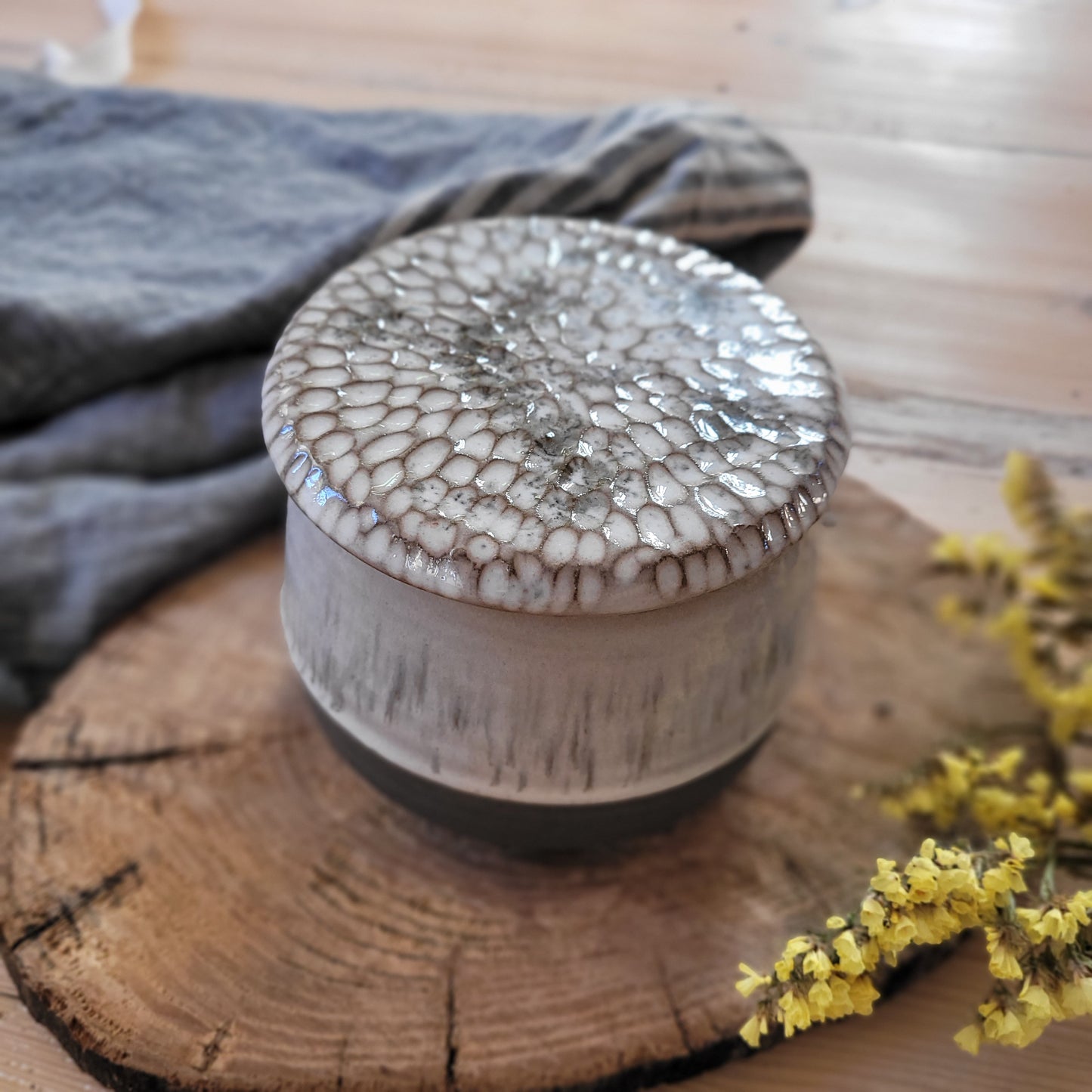 French butter dish- Gray with white speckled glaze and textured lid.