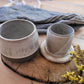 French butter dish- Gray with white speckled glaze and textured lid.