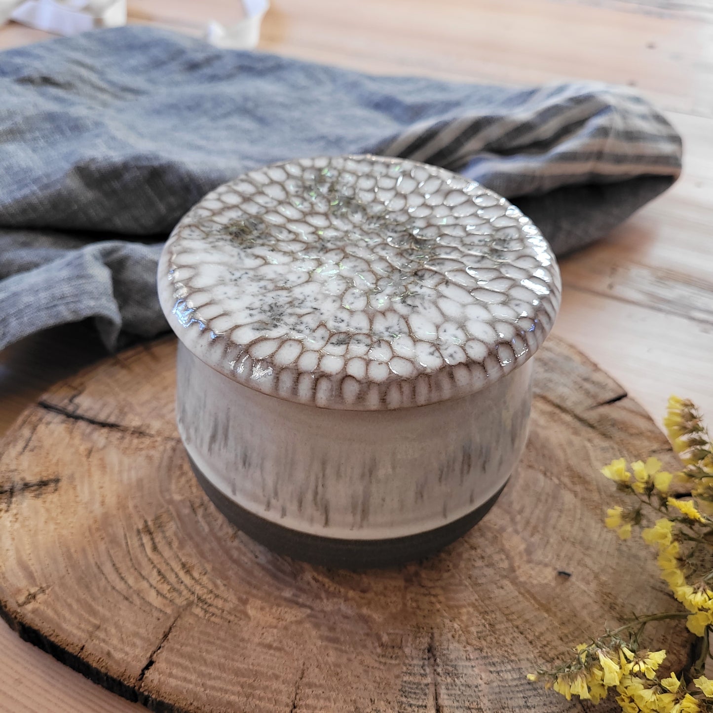 French butter dish- Gray with white speckled glaze and textured lid.