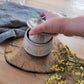 French butter dish- Gray with white speckled glaze and textured lid.