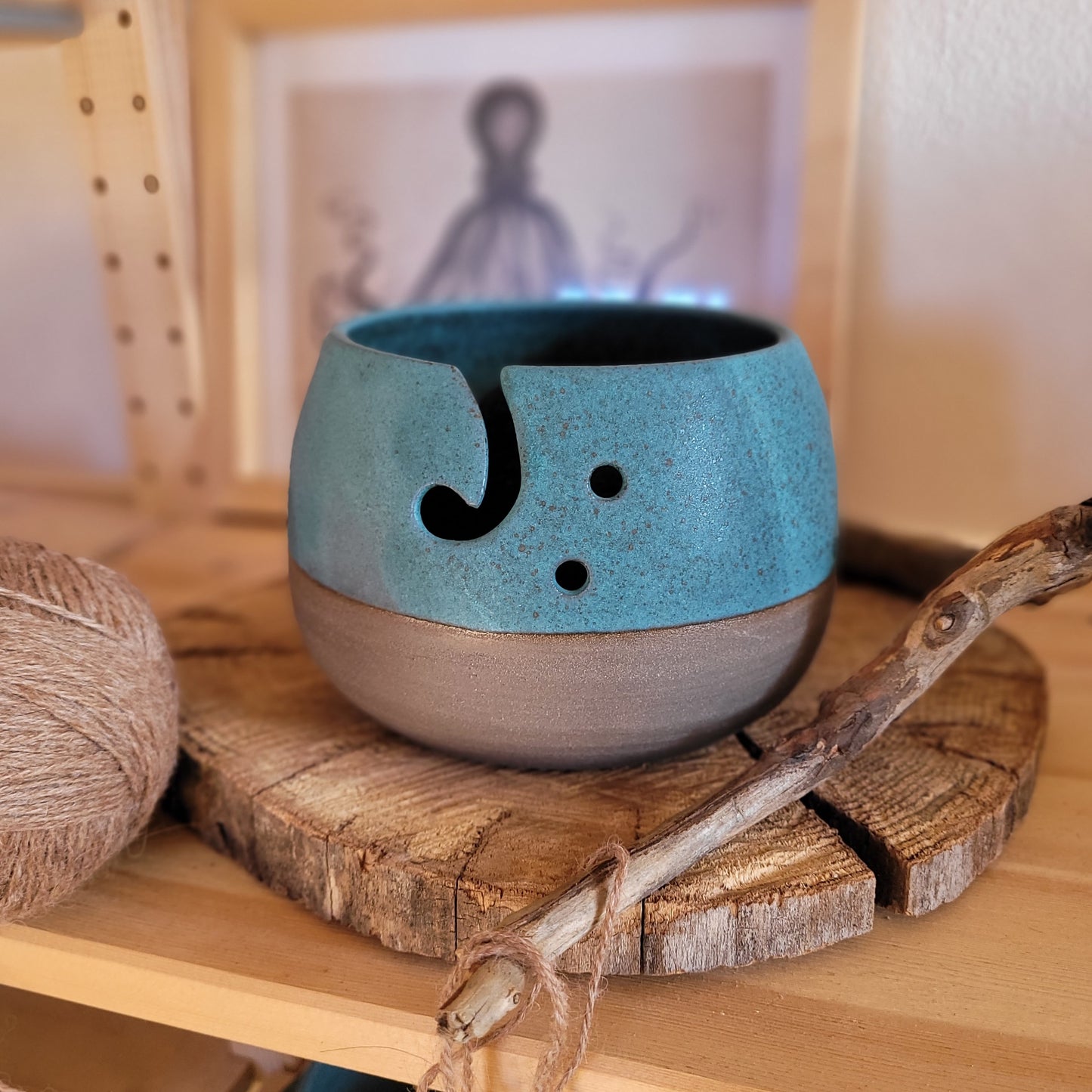 CERAMIC YARN BOWL “Gray with blue glaze”