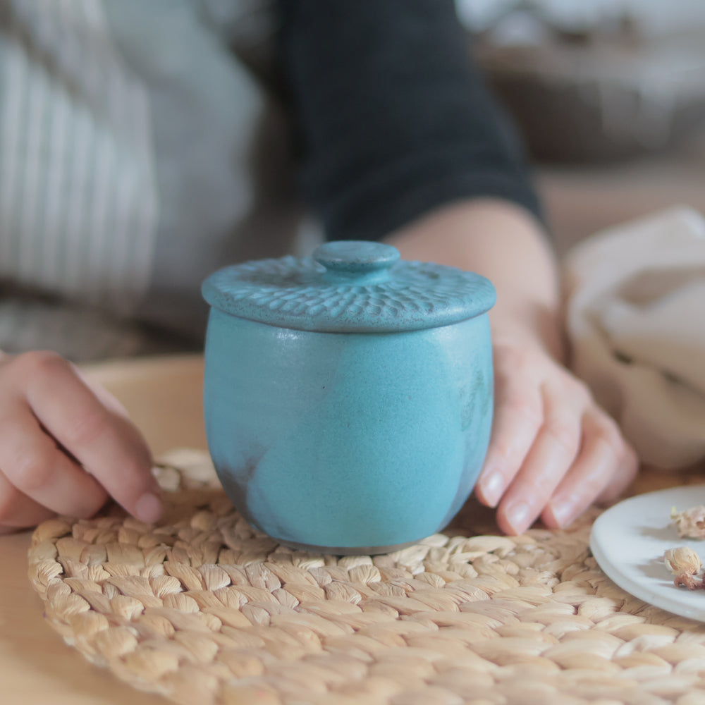 Sugar Bowl | Turquoise Stoneware | Textured Lid