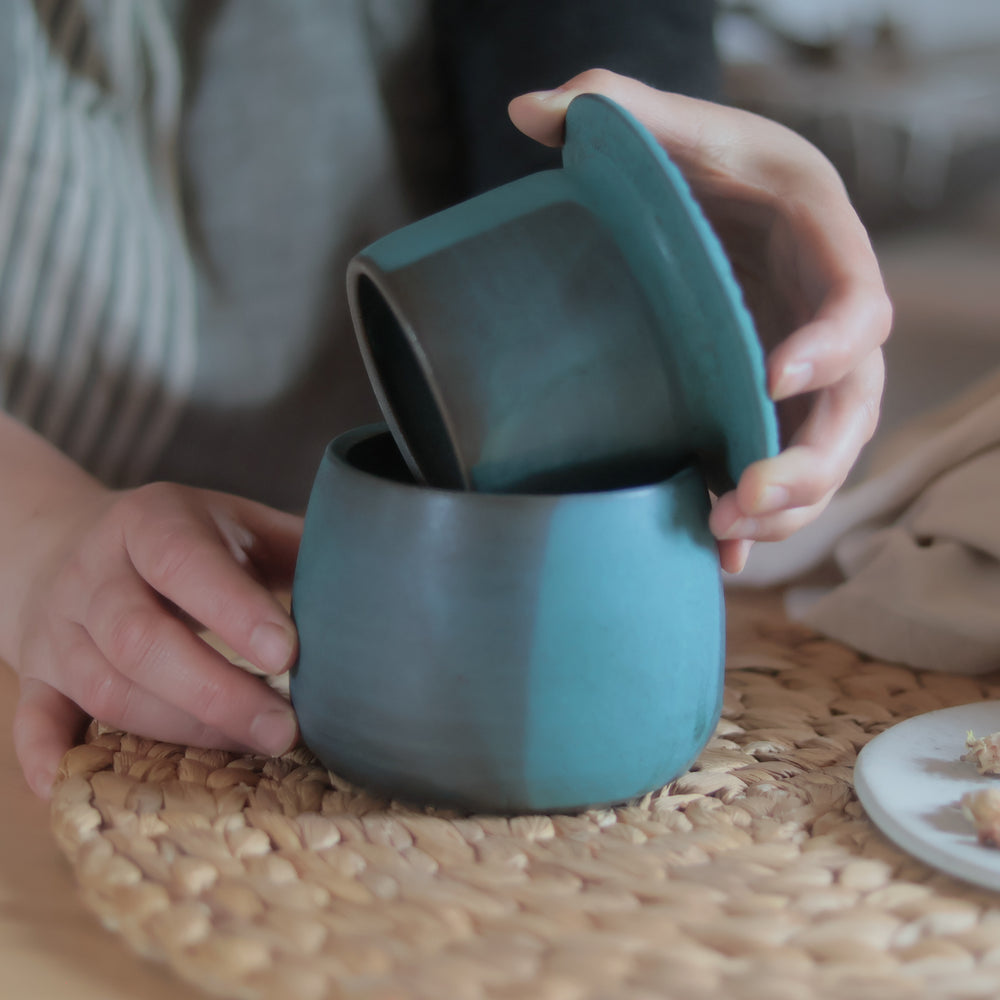 Butter Dish | Dark Blue Stoneware | Textured Lid