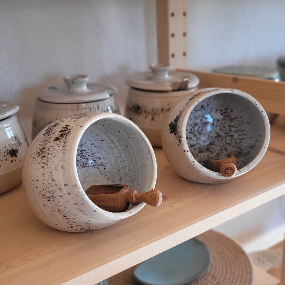 Salt Pig | White Black Speckled Ceramic | Wood Spoon