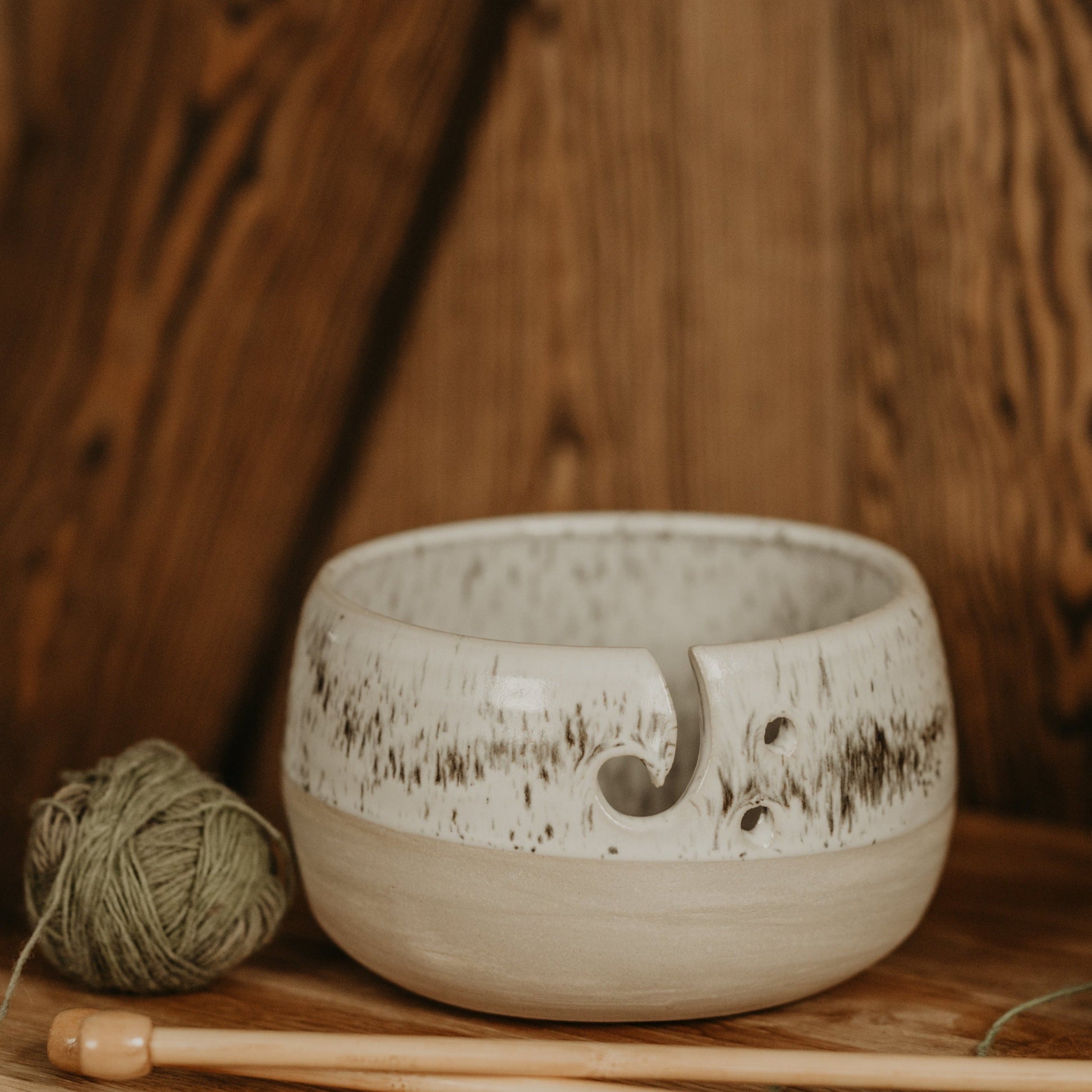 Handcrafted Ceramic Yarn Bowl - White Stoneware with Beige White Glaze
